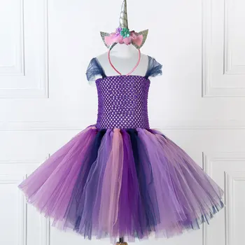 

Girls Mesh Flower Tutu Dress with Unicorn Headband Princess Party Colorful Floral Dresses Children Embroidery Ball Gown Costumes