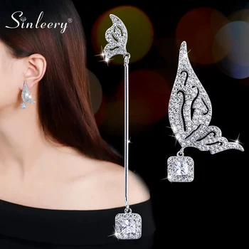 

SINLEERY Luxury Asymmetric Butterfly Wings Cubic Zirconia Sqaure Pendant Long Drop Earrings For Women Wedding Jewelry ES241 SSG