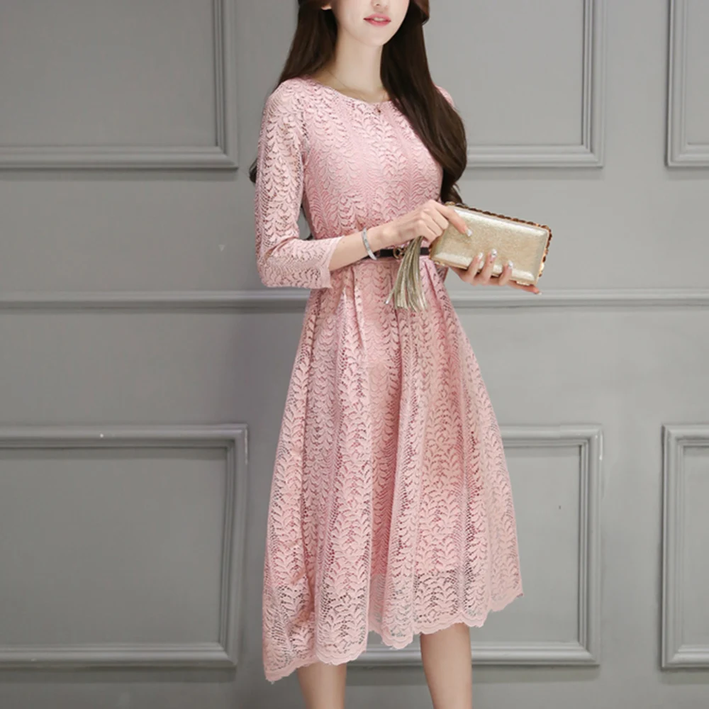 

Women A Word Seven-Point Sleeve Bottom Chiffon Dress Ladies Round Neckline 3/4 Sleeves Crochet Lace Dress Mid-Length Lace Dress