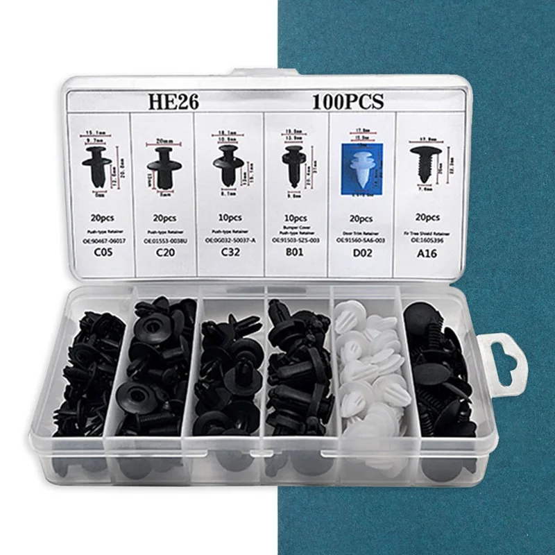 

100Pcs HE26 Car Universal Boxed Clip Nylon Clip Hybrid Push-in Holder Pin Rivet Bumper Door Trim Holder Fastener Kit