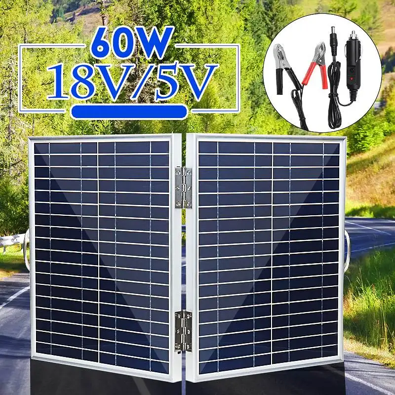 18V солнечная панель 60W Складная портативная солнечная панель с автомобильным зарядным устройством для наружного кемпинга аварийный свет водонепроницаемый