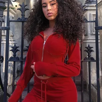 

Autumn Women Two Piece Set Hooded Jacket Top + Wide Leg Palazzo Pants Tracksuit Female Fall Red Black Matching Sweat Suit Outfit