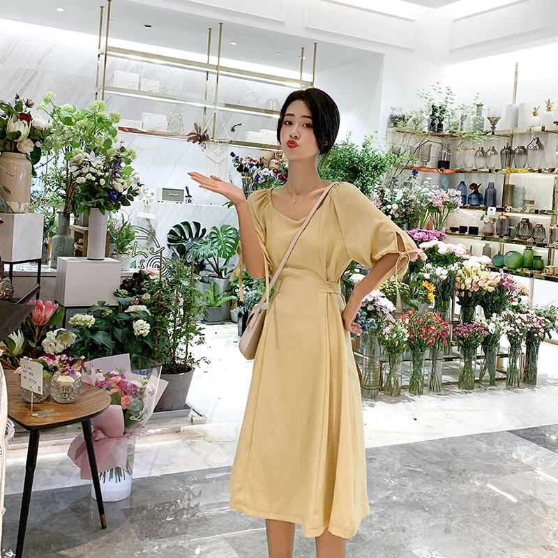 

A Line Casual Dresses Women Summer Elegant Dress 2020 Vintage Short Sleeve Dress for Ladies Buttons O Neck Vestidos Female