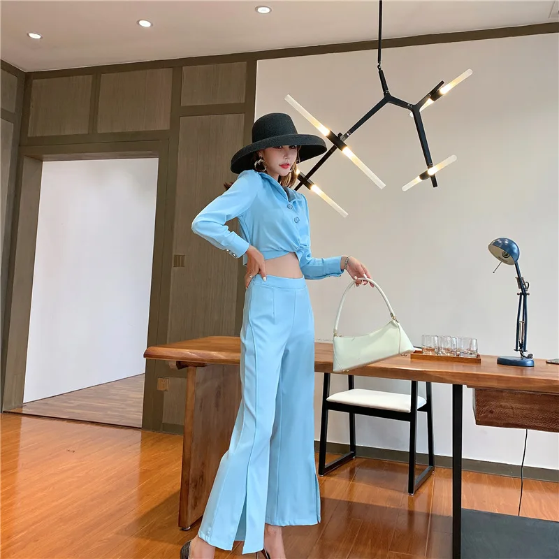 

Photo Shoot Autumn Clothing New Style Fashion Elegant Short Long-sleeved Upper Garment + High-waisted Slit Loose Pants Western S