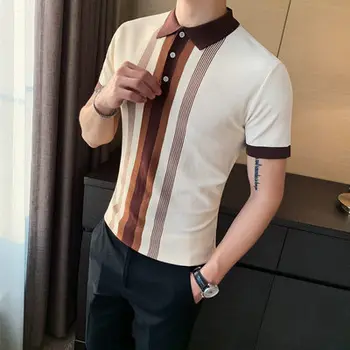 

2020 New Summer Men's Short Sleeve Knit POLO Shirt Contrast Striped British Slim Lapel Bottoming Shirt
