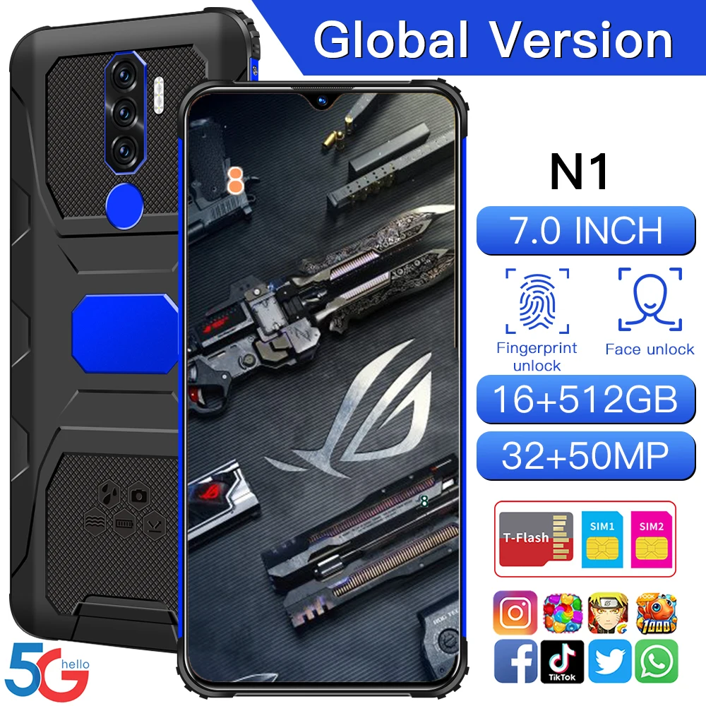 Smartphones Shockproof Blackvi N1 7.0“ Andriod11 Qualcomm 888 16G 512GB Dual SIM 6800mAh Multi-Language Rugged Mobile Phone