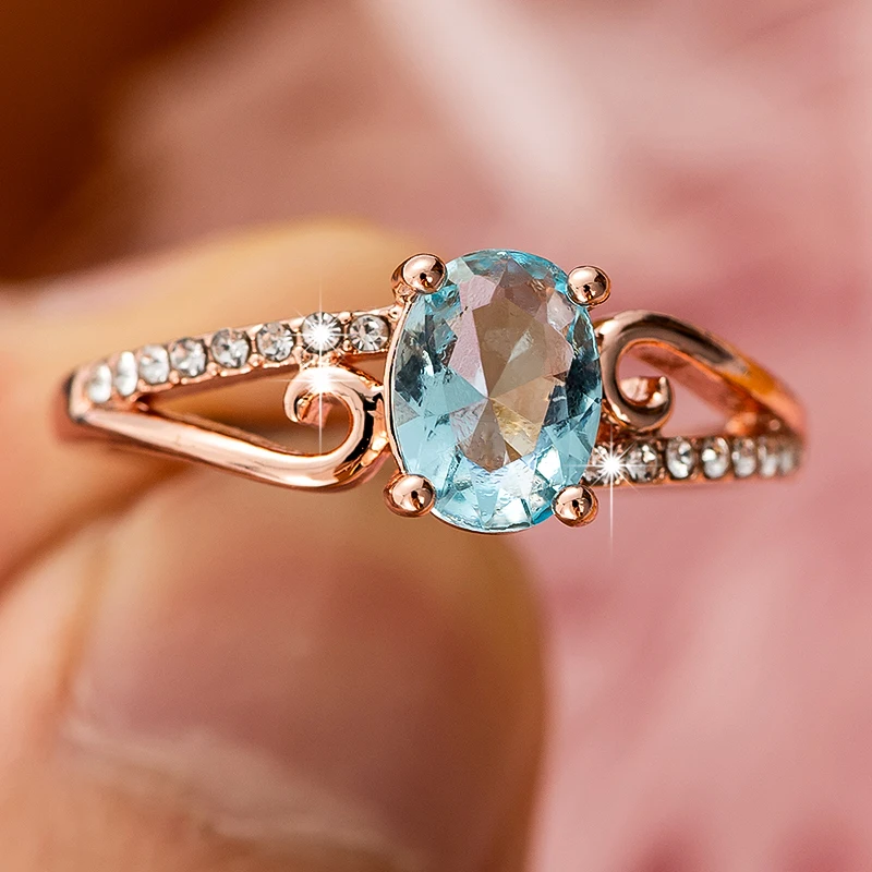 Fashion Crystal Rose Gold Classical Cubic Wedding Rings For Women Female Elegant Oval