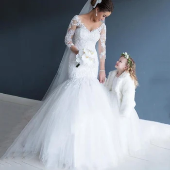 

Sexy Mermaid Long Sleeve Winter Wedding Dress New Arrival V Neck Button Back Sexy Bridal Gown Elegant Backless Wedding Dresses