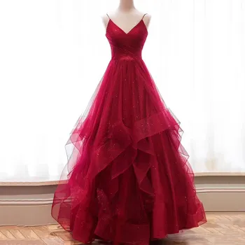 

2020 New Arrival Evening Dress Pleats Tulle Long Prom Dress Spaghetti Backless Ball Gown Prom Dress