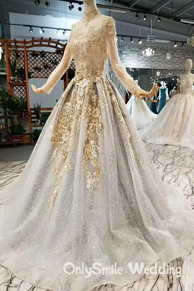 Vestidos De Novia золотые кружевные свадебные платья мусульманский, арабский Высокий ворот, прозрачное с длинным рукавом Плюс Размер Свадебные платья ислам суд поезд