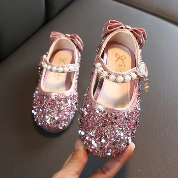 

New Fashion Princess Shoes Pink Silver Girls Shoes Glitter Rhinestone Sequins Kids Flats Children Wedding Party Dress Shoes