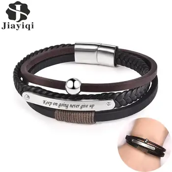 

Jiayiqi Custom Bracelet Personalized Name Character Stainless Steel Magnet Clasp Leather Bangle Men Fashion Customized Jewelry