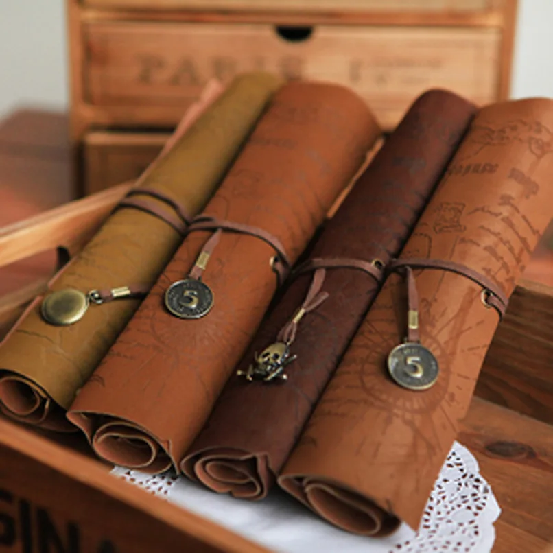 

Creative retro treasure map pen curtain Pu multi-functional pencil bag box student leather scroll pencil bag