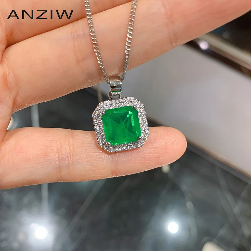 

ANZIW Sterling Silver Double Asscher Cut 8x8mm Lab Created Emerald Vintage Classic Pendant Necklace For Women Jewelry Gifts