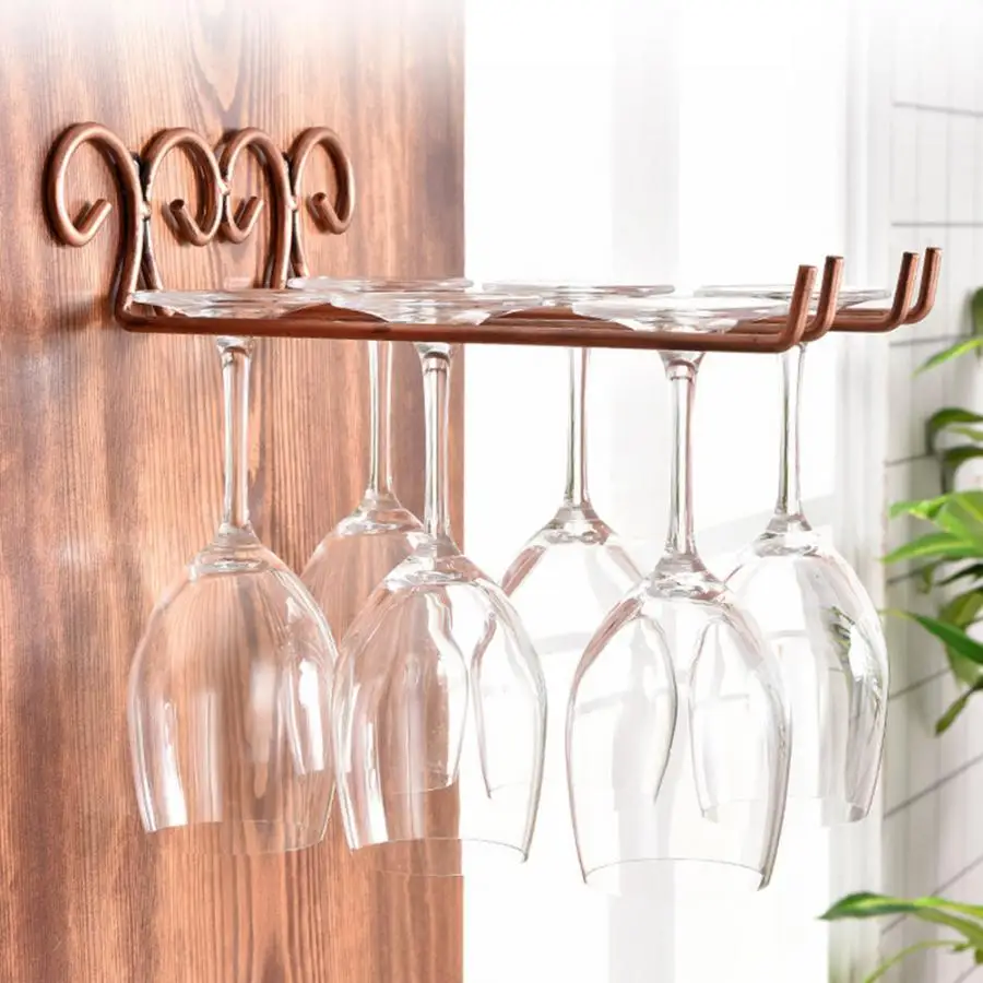 

Double Row Iron Wine Cup Racks Wall Mounted Hanging Glasses Holder Wine Stemware Goblet Inverted Shelf Kitchen Bar Shelves
