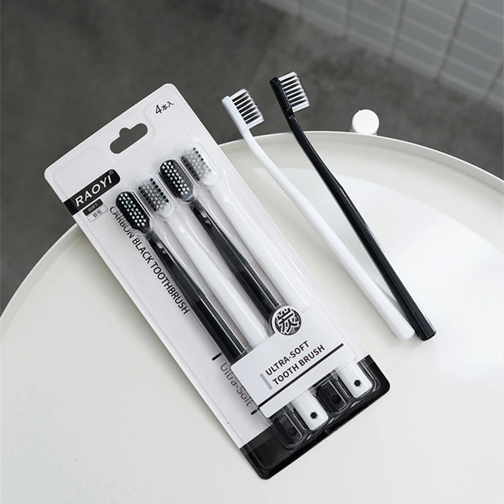 4 шт., простая парная зубная щетка, зубная щетка для взрослых, черная и белая, с бамбуковым углем, мягкая щетина, зубная щетка для дома, уход за полостью рта