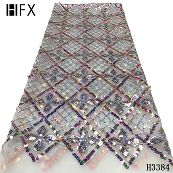 

HFX 5 yard sequin dress design fabric African embroidery French mesh lace Nigeria sequin lace fabric for evening dress H3384