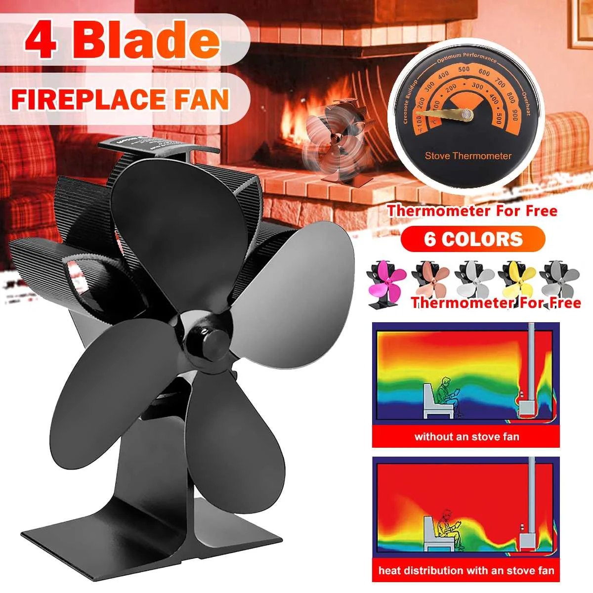 

4 Blade Heat Powered Stove Fan With Thermometer komin Log Wood Burner Eco Friendly Quiet Fan Home Efficient Heat Distribution