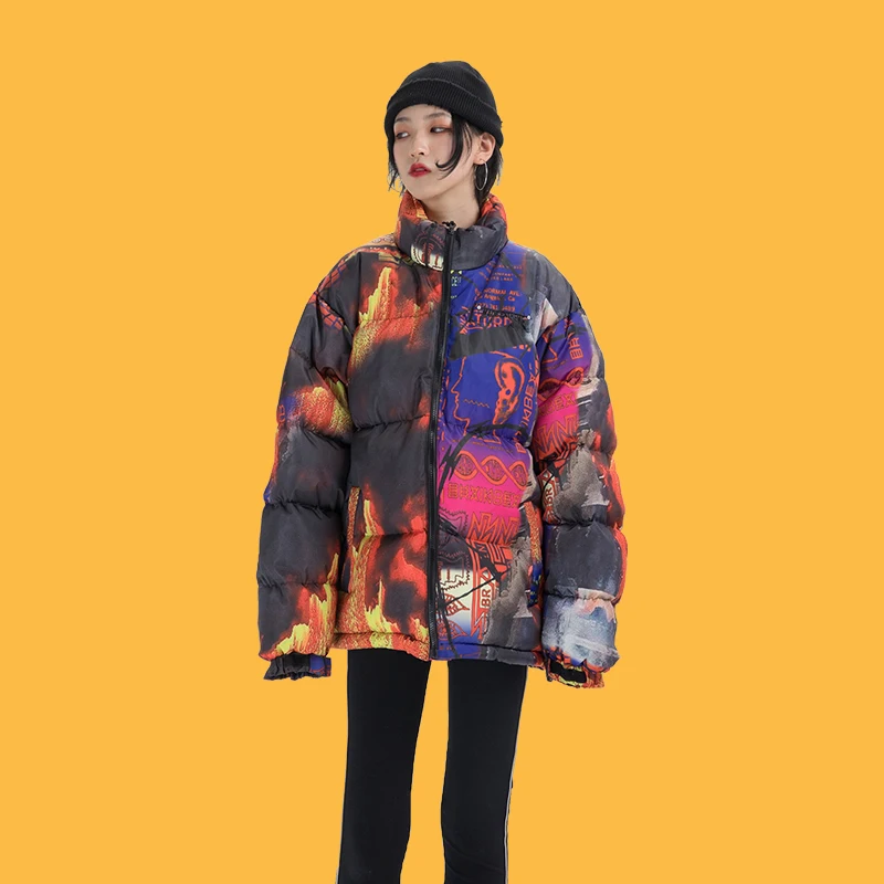 Куртка в стиле ретро с рисунком граффити, парка Harajuku, хит цвета, Мужская зимняя ветровка, уличная одежда, стеганая куртка, пальто, теплая верхняя одежда