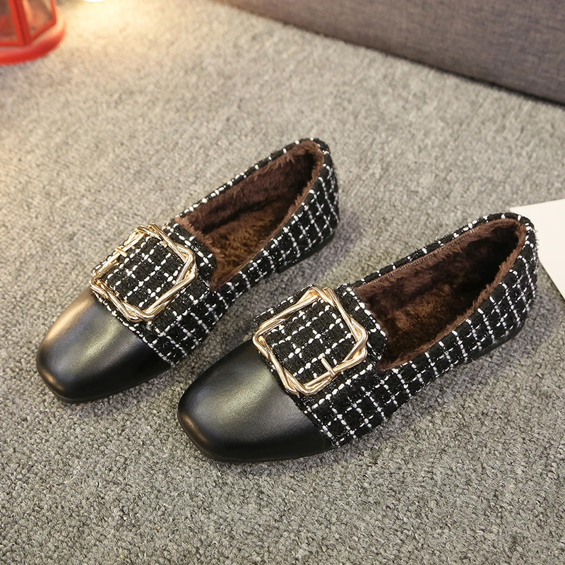 

2020 Women Winter Keep Warm Shoes Metal Buckle Loafers Female Fashion Stylish Flats Shoes Ladies Square Toe Casual Shoes U19-84