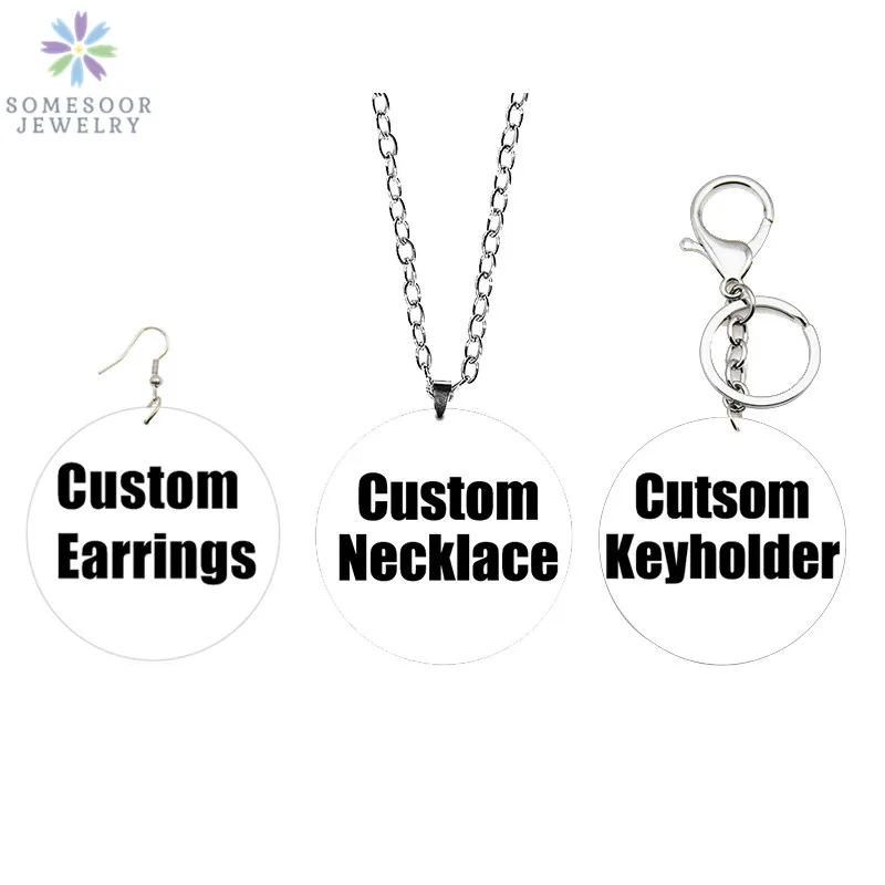 SOMESOOR Customized Necklace Keyholder Earrings Set Stainless Steel Chains Personalized Print Wood Pendant Women Dangle Jewelry