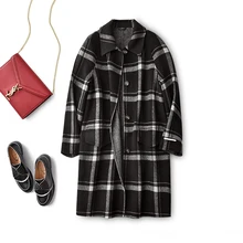 

SHUCHAN Vintage Plaid Long Womens Coat Winter Turn-down Collar Single Breasted Wide-waisted Winter Clothes for Women