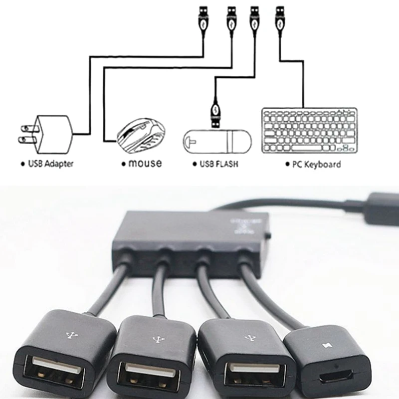 Многофункциональный USB 2,0 4 в 1 Micro usb-хост OTG гнездо для зарядки Шнур адаптер сплиттер для смартфонов Android планшет черный кабель