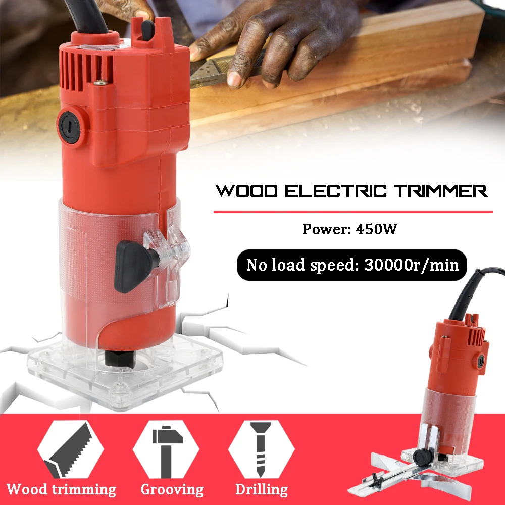 

Router Wood Milling Machine Lightweight Electric Hand Trimmer Wood Edge Trimmer Woodworking Tools 30000r/min 450W Diameter 6mm