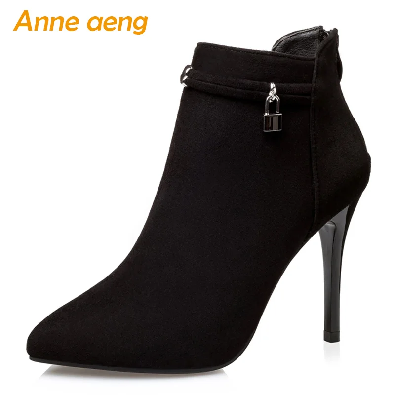 

2019 New Winter Women Ankle Boots High Thin Heel Pointed Toe Solid Zipper Metal Sexy Ladies Women Shoes Black Short Warm Boots