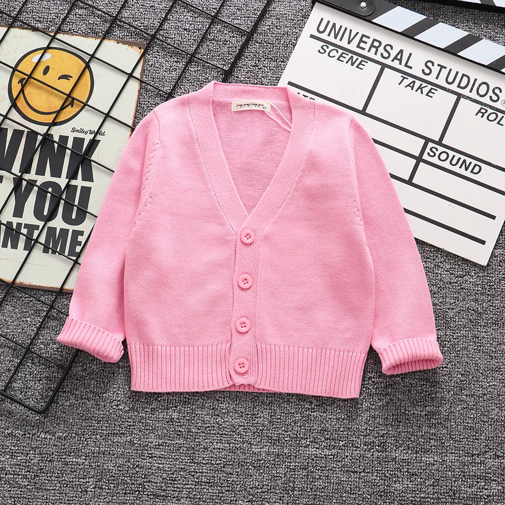 Осенний свитер для маленьких девочек одежда для маленьких мальчиков вязаный кардиган с v-образным вырезом для девочек детский Рождественский свитер ярких цветов детские топы - Цвет: Розовый