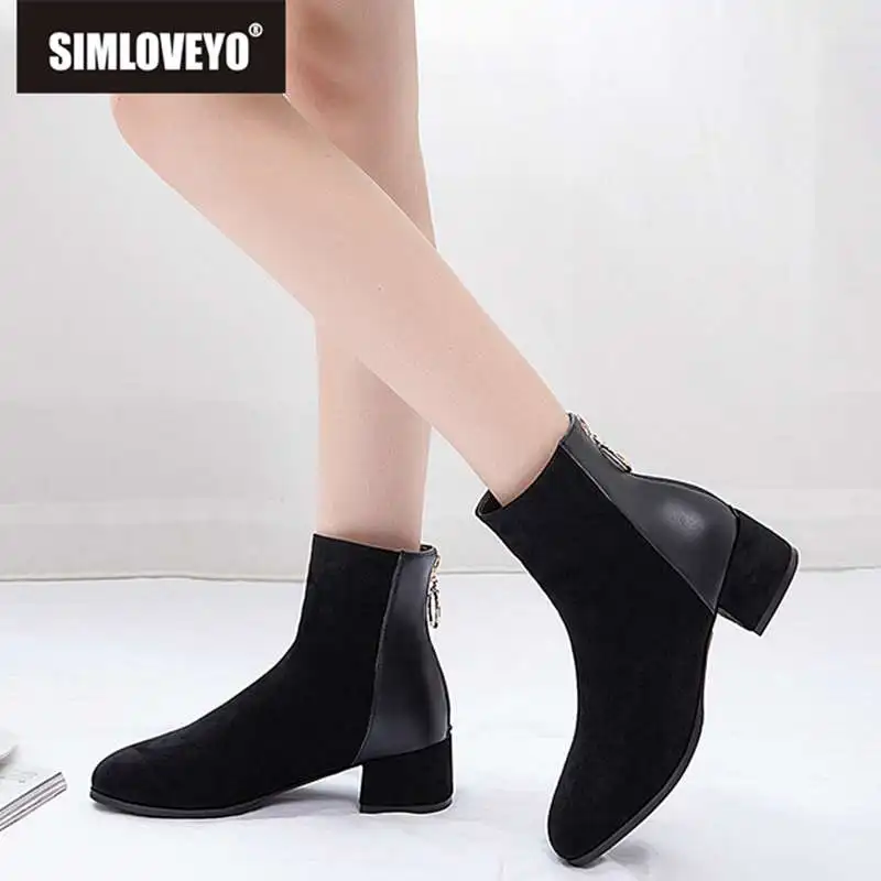 

SIMLOVEYO big size 31-45 Chelsea Ankle boots pointed toe chunky heels zippr shoes woman patchwork Booties mujer Autumn winter