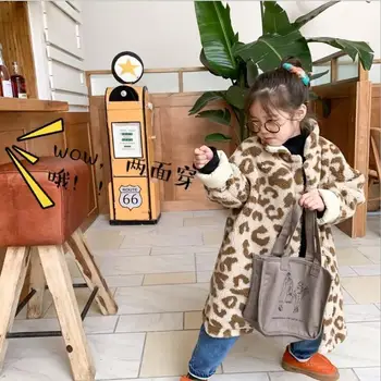 

Winter new Leopard print lambswool long coats girl Wear both sides jackets boy fashion outerwear children clothes ws1315