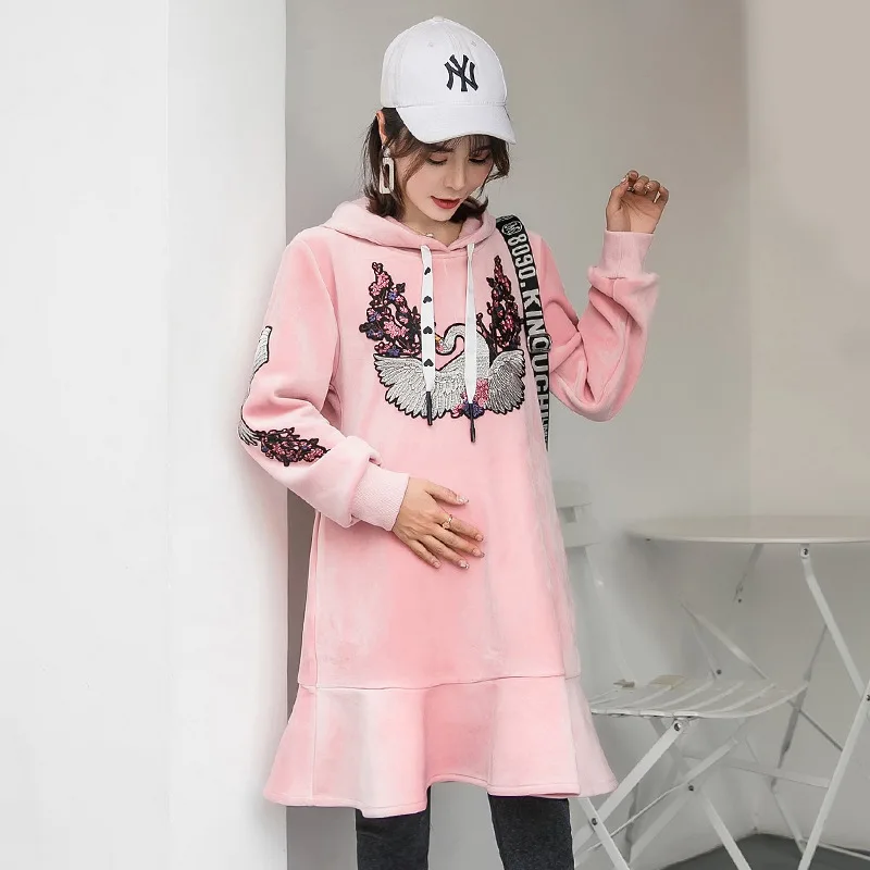 

2019 Spring And Autumn New Style Maternity Clothes Warm plus Velvet Women's Embroidered Pattern Hooded Long-sleeved Upper Garmen