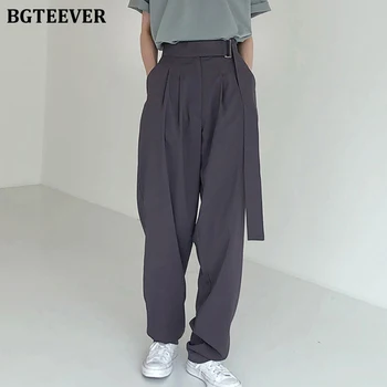 

BGTEEVER Fashion Belted Women Long Pants High Waist Causal Loose Trouser For Women Pants Elegant Wide Leg Capris Female 2020