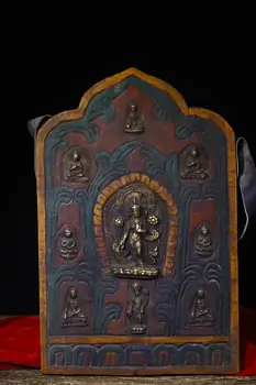 

16" Tibet Buddhism Temple Old Bodhi root Painted mosaic Bronze Guanyin Bodhisattva statue Sakyamuni Amitabha Amulet Tag Thangka