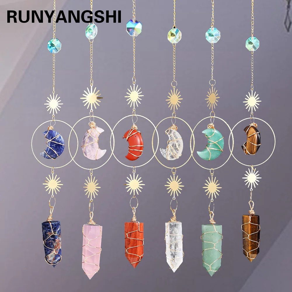 Natural Crystal Handmade Wind Chime Rose Quartz Dream Moon Sun Catchers Pendant Window Hanging Ornament Home Room Decor Gift