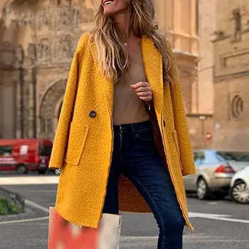

Yellow Faux Fur Coats Jackets Women Winter Pockets Long Jackets Soft Female Outerwears Plus Size Coat
