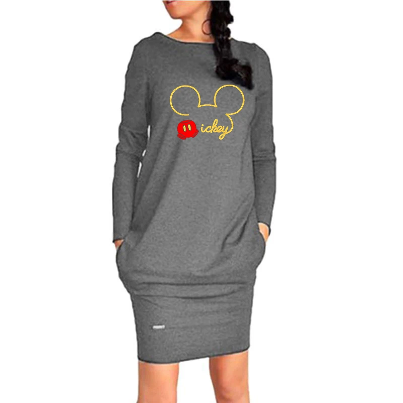  Spring Dress Women Autumn Mickey Plus Size Pocket Bodycon Dresses Vintage Clothes Woman Party Casua