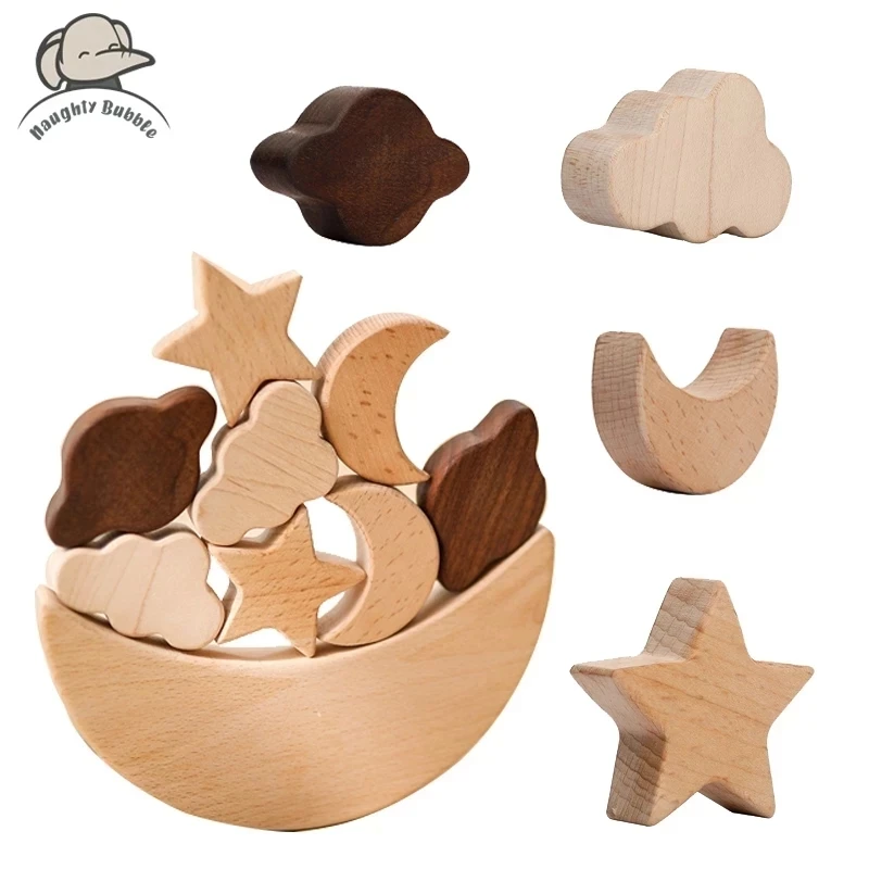 Tanio Drewniane zabawki Montessori dla dzieci gwiazdy księżyc