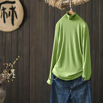 

turtleneck thin lightweight women t-shirts summer new solid green long-sleeved loose casual female buttoming pulls tops tees