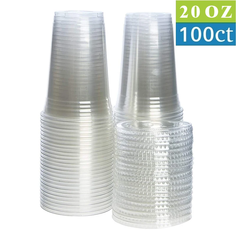 [100 Pack] 20 oz Clear Plastic Cups with Flat Slotted Lids for Iced Cold Drinks Coffee Tea Smoothie Bubble Boba, Disposable, Large Size