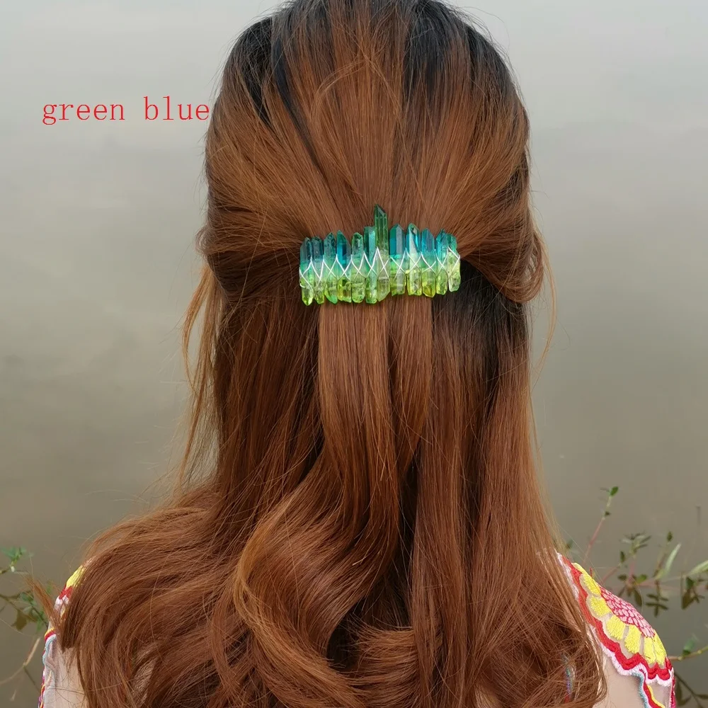 Green Blue-6cm Aura кварцевый кристалл Корона натуральный сырой матовый Радужный камень опал Ангел Аура золотой гребень Свадебная Принцесса аксессуары для волос - Окраска металла: Green Blue-6cm