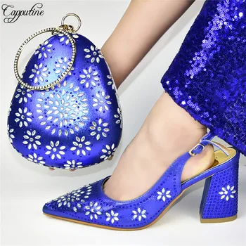 

Most fashion royal blue spring/autumn pointed toe sandal shoes and handbag set for fashion lady 777-3, heel height 8.5cm