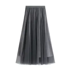 Корейский стиль металлик бархат лоскутное длинное гофрированный с сеткой юбки эластичная талия элегантные трапециевидные плиссированные
