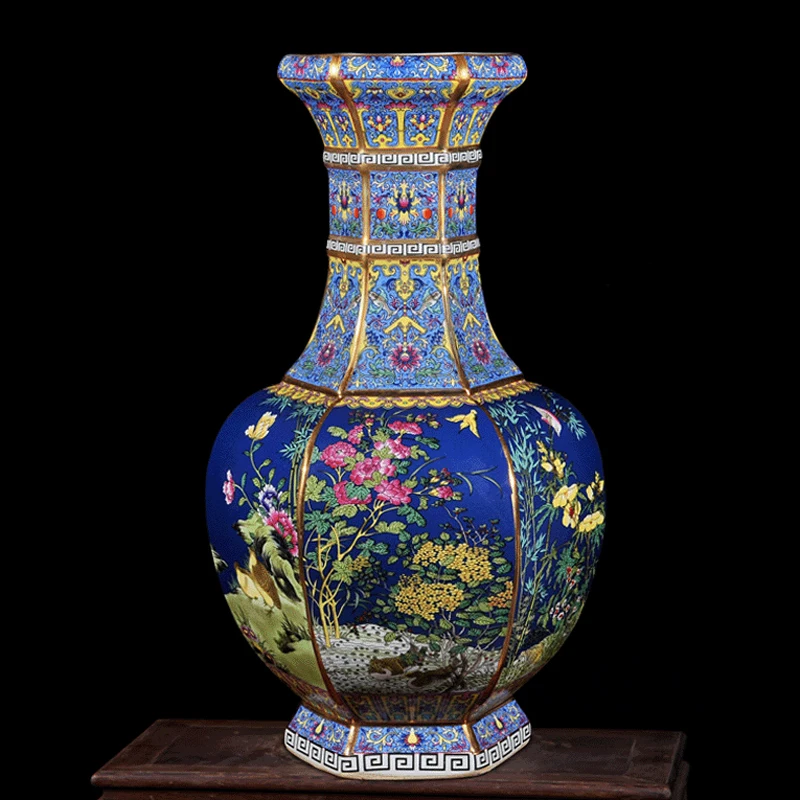 

FOCUSDECOR flower and bird Antique Style Blue qianlong ceramic vase for table home decor large chinese vases in Blue color with