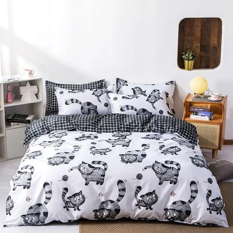Cat Snowflake Printed 4pcs Girl Boy Kid Bed Cover Set Cartoon Duvet Cover Bed Sheets and