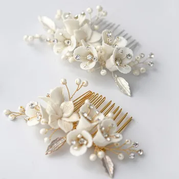 

Ceramic Flower Wedding Comb Pearls Hair Jewelry Gold Silver Color Bridal Headpiece Women Hair Ornament Accessories