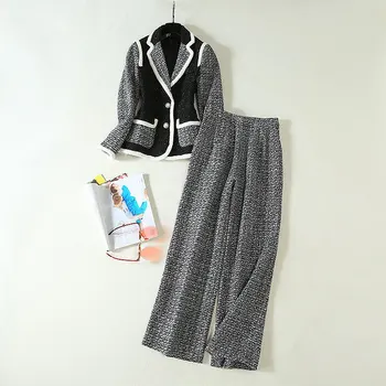 

European and American women's clothing 2019 winter new style Long-sleeved contrasting coat Wide-legged pants Cloth suits