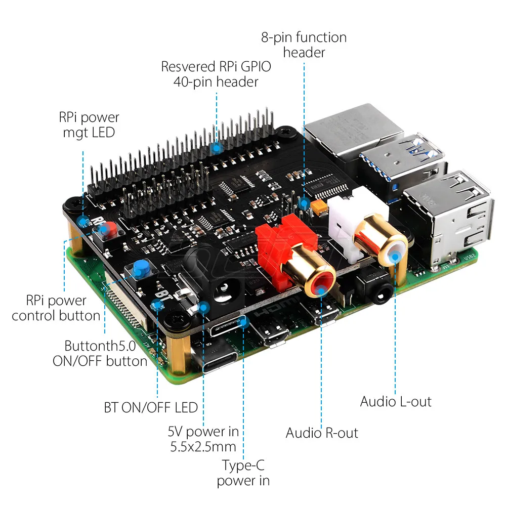 Bluetooth 5.0 de Alta Fidelidade Dac Chapéu Suporta Reinicialização Segura Desligamento Seguro & Poweroff Completo do Software para Raspberry pi 4b 3b Mais 3b 52pi X930 - Imagem 4