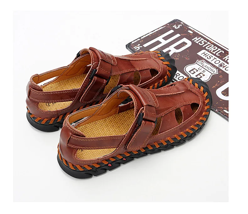 COWCOM Summer Outdoor Men's Beach Shoes Leather Casual Shoes Breathable Open Toe Leather Sandals Baotou Non-slip CLK-54396